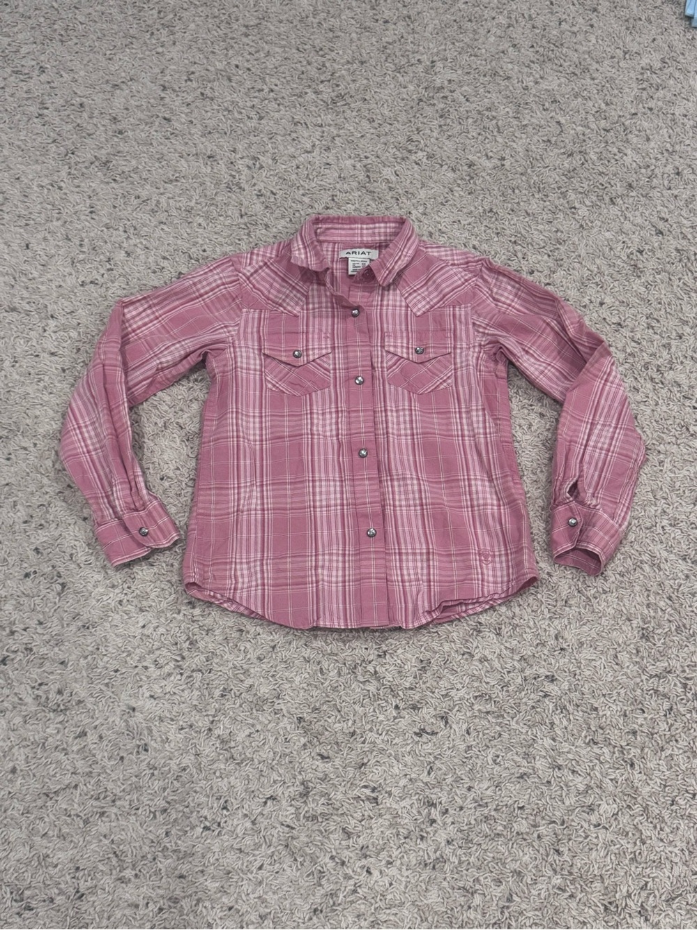 Ariat Girls Plaid Button-Up Shirt in Dusty Pink